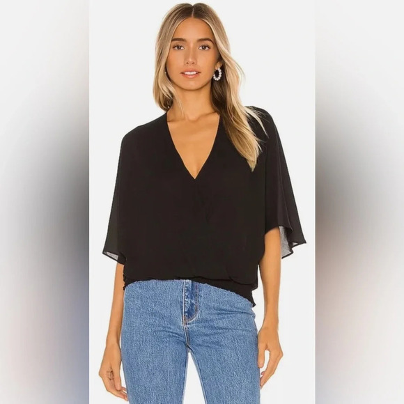 NWT krisa black smocked waist surplice faux wrap front top size L - Picture 1 of 6